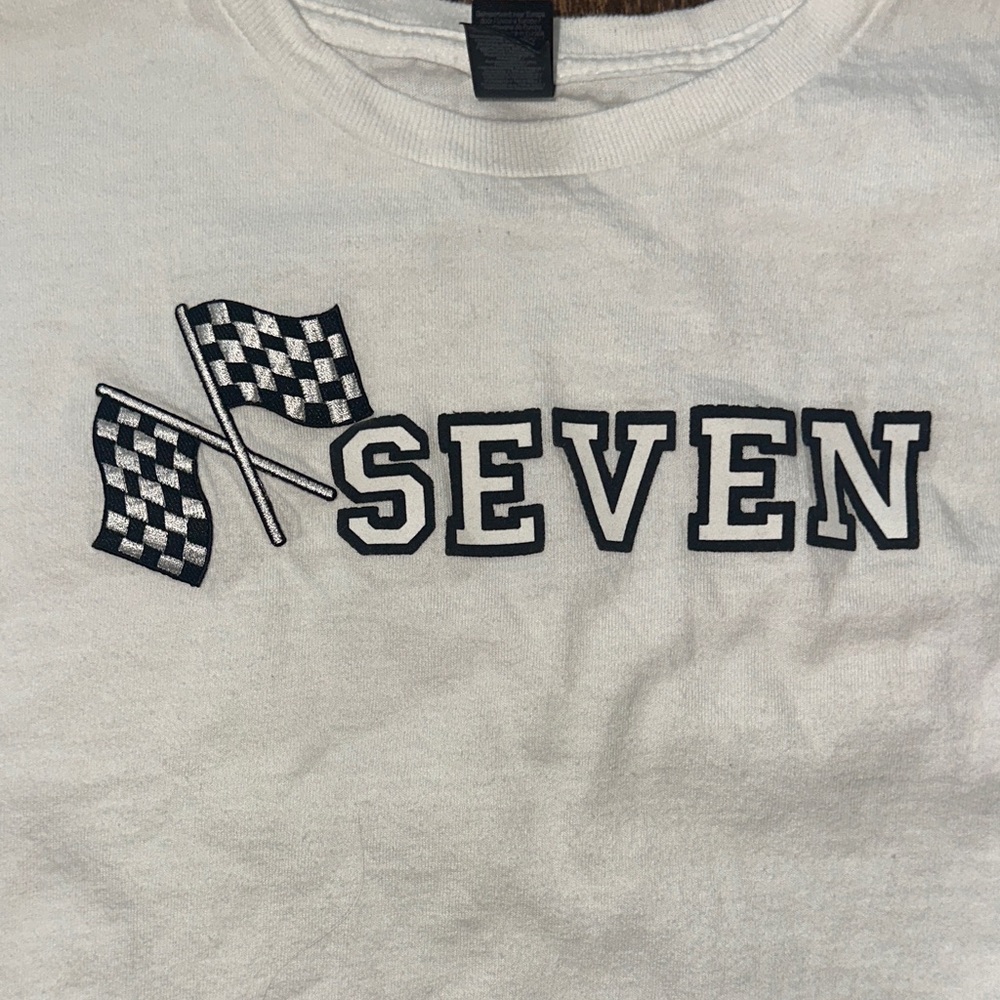 Seven Kids Birthday Shirt White Graphic Tee Racing Flags 7 Party - Picture 3 of 3